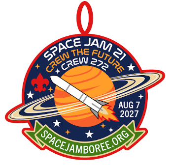 Space Jam 21 Crew the Future patch: a rocket flying past a ringed Saturn, Crew 272, Aug 7 2027, spacejamboree.org